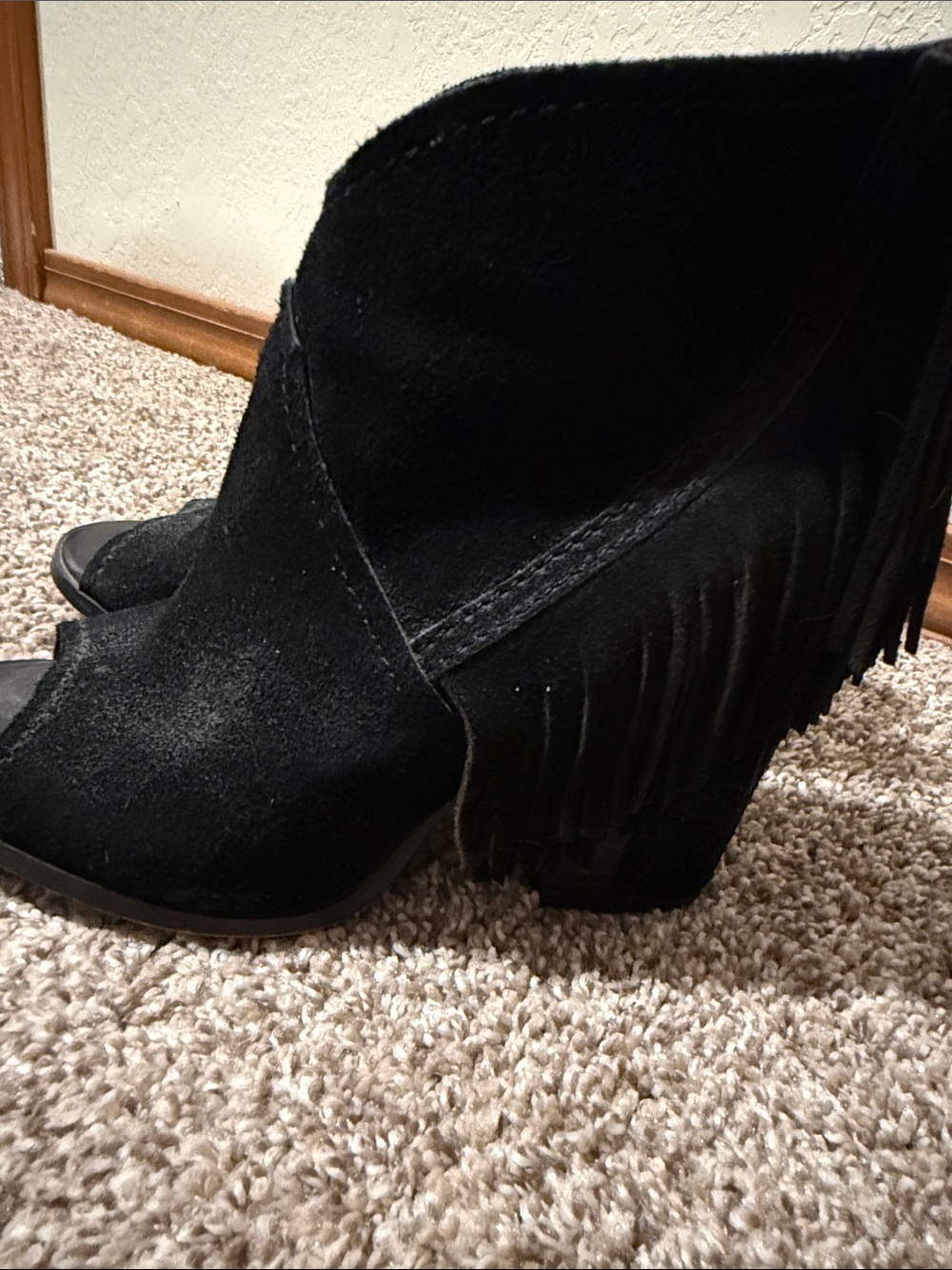 Gianni Bini Black Suede Fringe Peep-Toe Booties - Picture 2 of 3